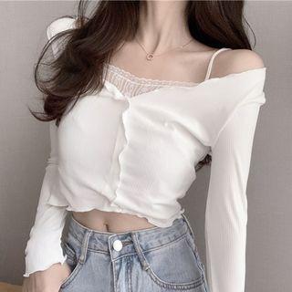 Mock Two-piece Long-sleeve Lace Panel Crop Top