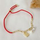 Faux Pearl Red String Bracelet 1 Pc - Gold & Red - One Size