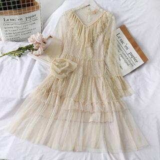 Ruffled Mesh A-line Dress With Slipdress Almond - One Size