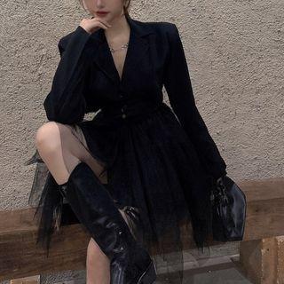 Single-breasted Mesh Overlay Mini A-line Blazer Dress