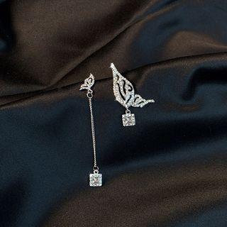 Non-matching Rhinestone Butterfly Dangle Earring A02-91 - 1 Pair - Butterfly - Silver - One Size
