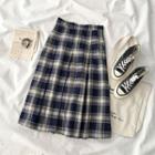 Midi Plaid A-line Skirt Plaid - Dark Blue & Beige - One Size