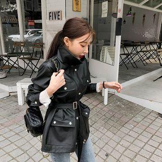 Belted Faux-leather Field Jacket Black - One Size