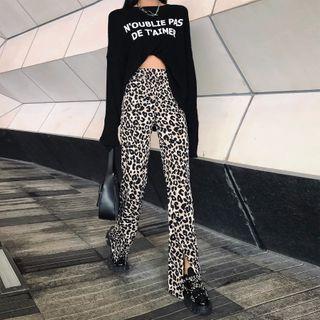 Leopard Print Slit Boot-cut Pants