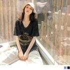 Short Sleeve V-neck Embroidered Cotton Loose-fit T-shirt