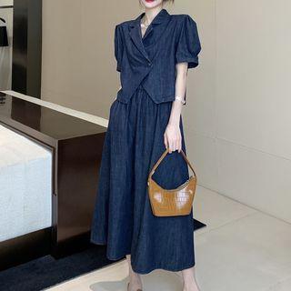 Puff-sleeve Denim Top / A-line Denim Skirt