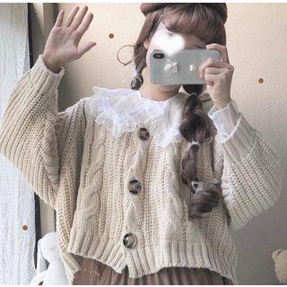 Button Cardigan / Lace Long-sleeve Top