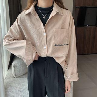 Long Sleeve Letter Print Corduroy Shirt Almond - One Size