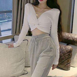 Plain V-neck Long-sleeve Top / High-waist Lace-up Pants