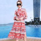 Bow Accent Printed Long-sleeve A-line Dress