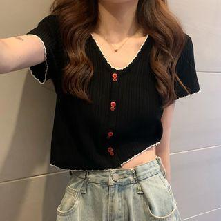 Short-sleeve Contrast Trim Ribbed T-shirt