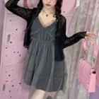 Plain Cardigan / Spaghetti Strap Mesh Mini A-line Dress