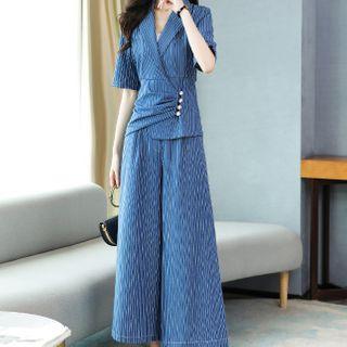 Set: Striped Elbow-sleeve Blouse + Cropped Wide-leg Pants