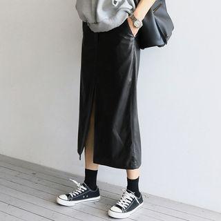 Faux-leather H-line Long Skirt Black - One Size