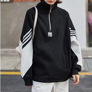 Long-sleeve Contrast Trim Stand-collar Top As Shown In Figure - One Size