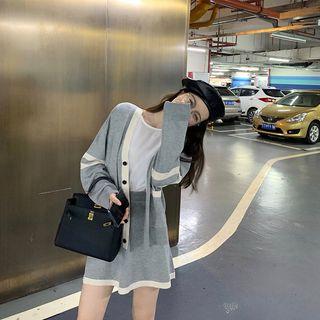 Set: V-neck Contrast Trim Cardigan + Mini A-line Knit Skirt