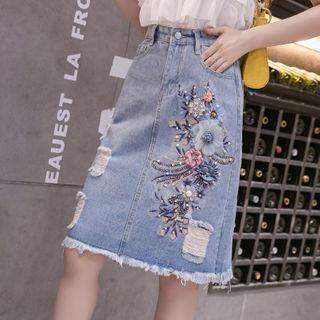 Distressed Flower Applique A-line Denim Skirt