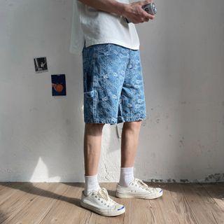 Paisley Print Straight-cut Denim Shorts