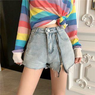 Striped Knit Top / Zip-detail Denim Shorts