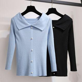 Collared Faux Pearl Buttoned Long-sleeve Knit Top