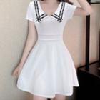 Short-sleeve Lettering Collared Mini A-line Dress