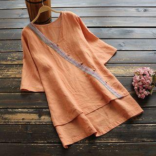 3/4-sleeve Striped Trim Tunic Top