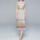 Contrast Color Embroidered Midi A-line Dress