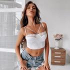 Faux Pearl Strappy Lace-panel Cropped Camisole Top