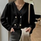 Plus Size Puff-sleeve Double-breasted Cardigan