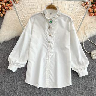 Lantern-sleeve Rhinestone Shirt White - One Size