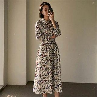 Mandarin-collar Smocked-waist Floral Maxi Shirtdress