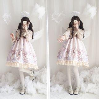 Bell-sleeve Top / Sleeveless Printed A-line Dress / Set