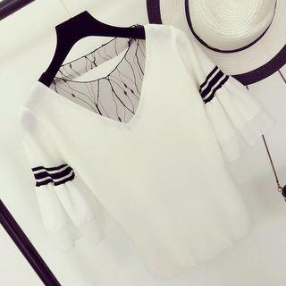 Mesh Panel Elbow-sleeve Knitted Top