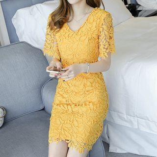 Lace Short Sleeve V-neck Dress