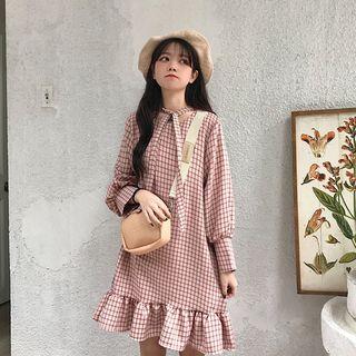Long-sleeve Checker Frill Trim Dress