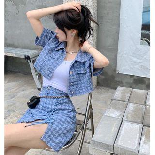 Houndstooth Puff-sleeve Crop Shirt / Lace-up Mini Skirt