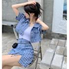 Houndstooth Puff-sleeve Crop Shirt / Lace-up Mini Skirt