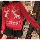 Deer Print Sweater Red - One Size