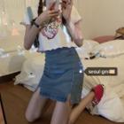Fitted Denim Mini Skirt / Short-sleeve Cartoon Print T-shirt