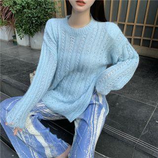 Slit-hem Pointelle Ribbed Sweater
