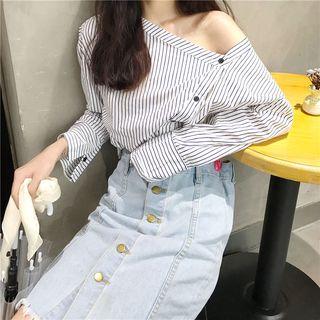 Long-sleeve Off Shoulder Striped Top