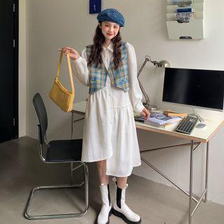 Plaid Vest / Long-sleeve Asymmetric Shirt Dress