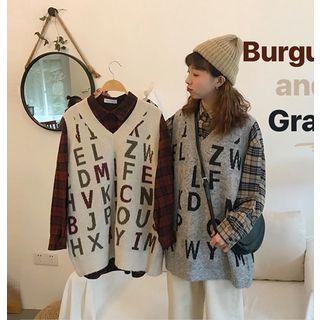 Plaid Shirt / Lettering V-neck Knit Vest