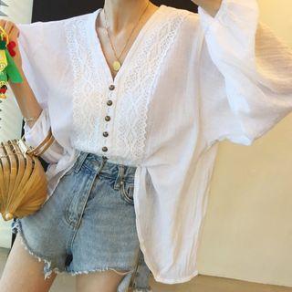 Puff-sleeve V-neck Button-up Lace Blouse