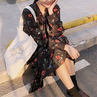 Flower Print Long-sleeve Midi Chiffon Dress