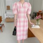 Short-sleeve Sweetheart Neckline Plaid Midi Sheath Dress