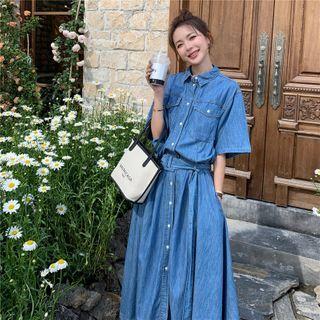 Denim Loose-fit Lace-up Long Dress