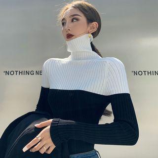 Turtleneck Tow-tone Ribbed Knit Top