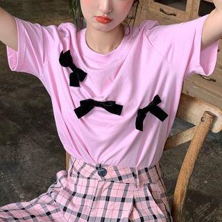 Short-sleeve Bow T-shirt Pink - One Size