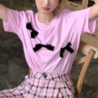 Short-sleeve Bow T-shirt Pink - One Size